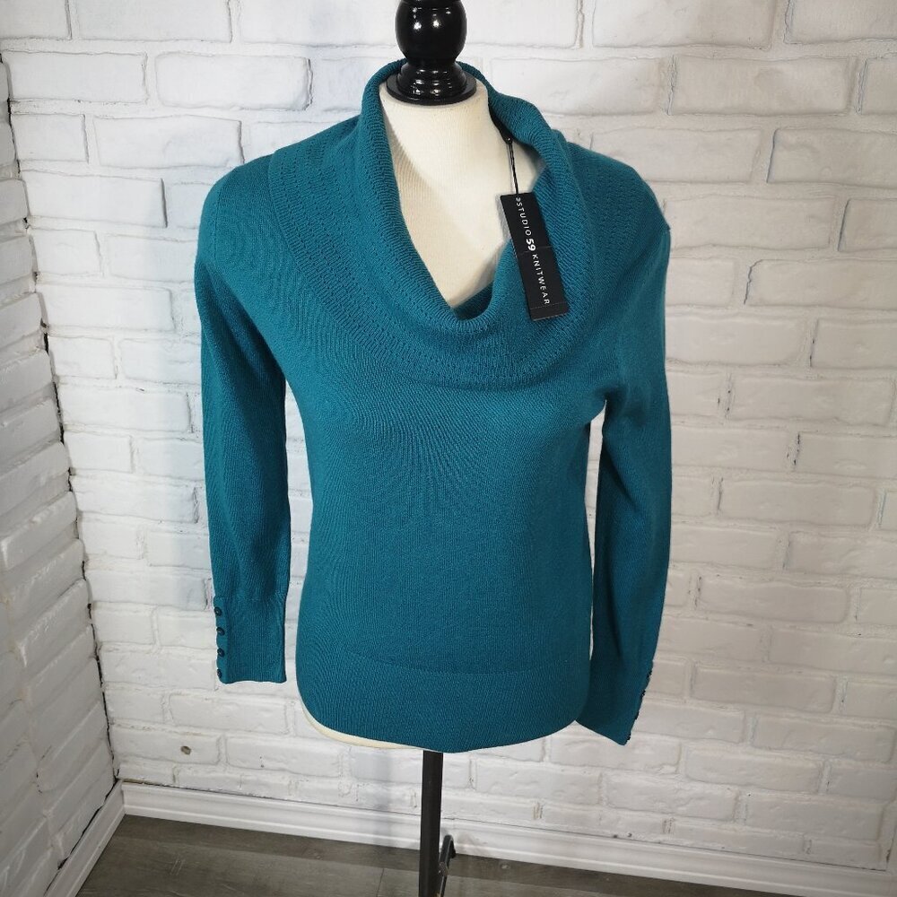 NWT Studio 59 Knitwear Ladies Size Small Teal Cowl Neck Sweater